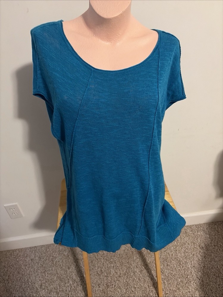 Eileen Fisher Top Womens Sz L Blue Green Organic Linen Cotton Knit Asymmetrical