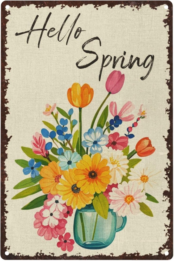 Vintage Flowers Hello Spring Plaque Tin Metal Signs Home Décor 8x12