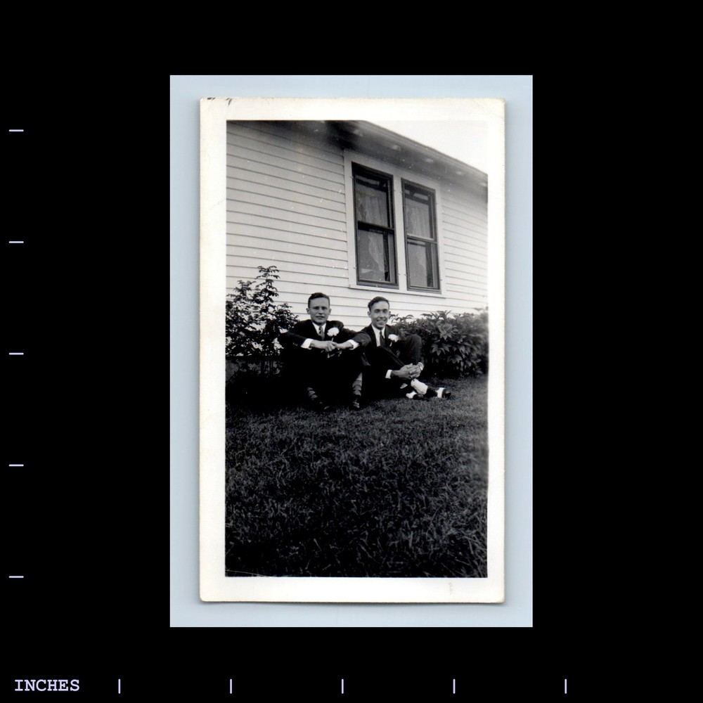 Old Vintage Photo MEN SITTING OUTSIDE HOUSE