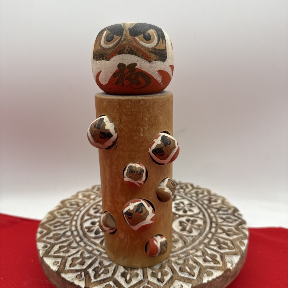 Japanese Wooden DARUMA KOKESHI Doll Vtg “Falling 7 Times Getting Up 8 Times”