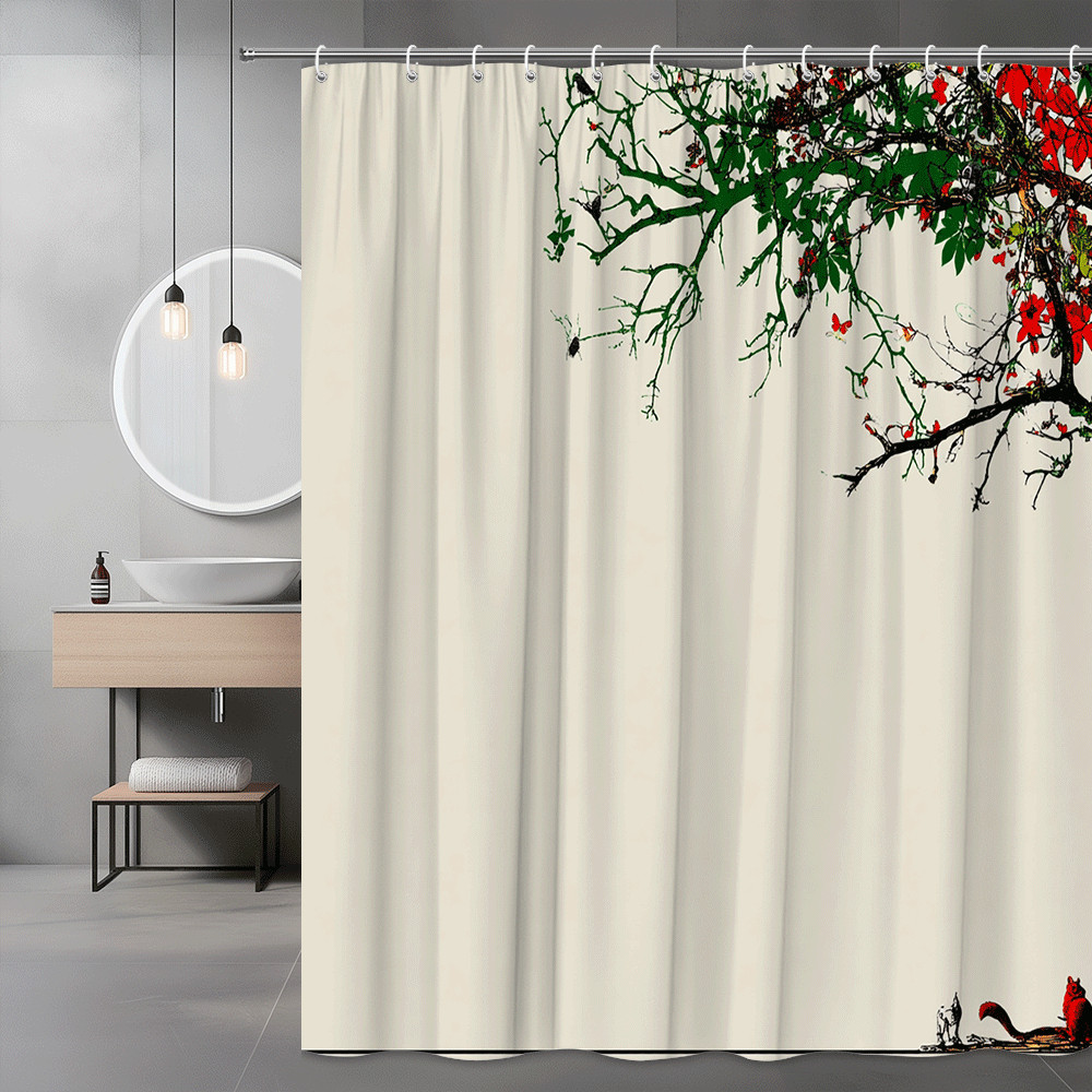Floral Branch Print Shower Curtain Beige Red Green