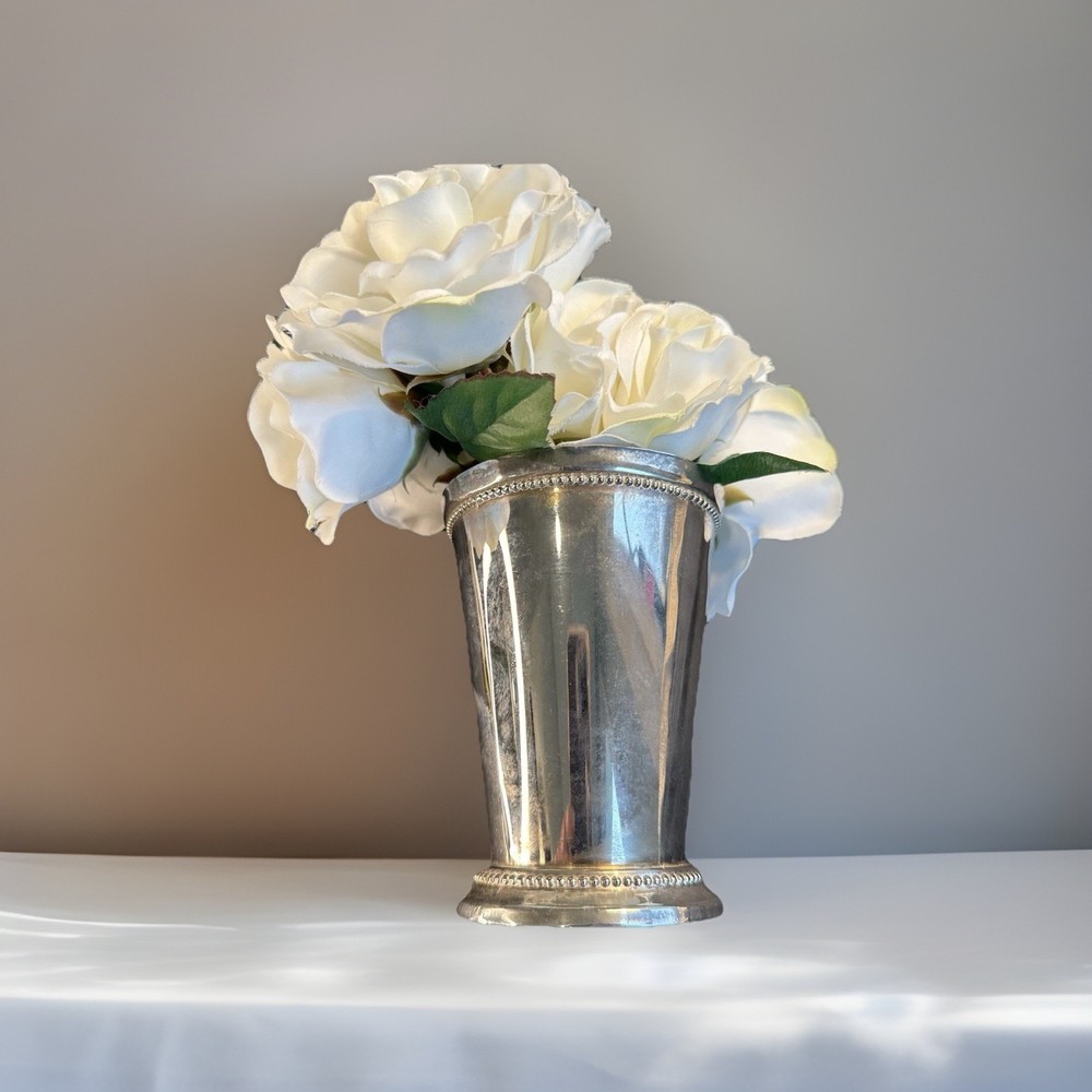 White Silk Flower Arrangement Rose Bouquet Sm Silver Tone Vase Table Centerpiece