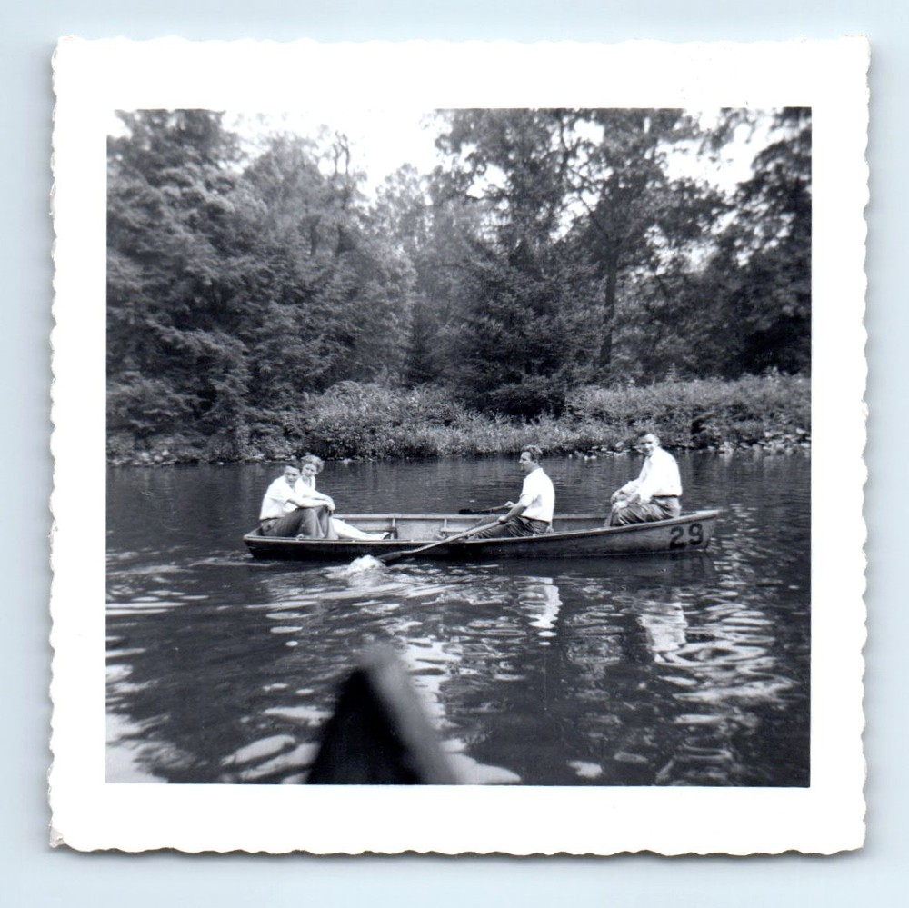 Old Vintage Square Photo MEN WOMAN IN ROWBOAT ON LAKE ANTIQUE SNAPSHOT