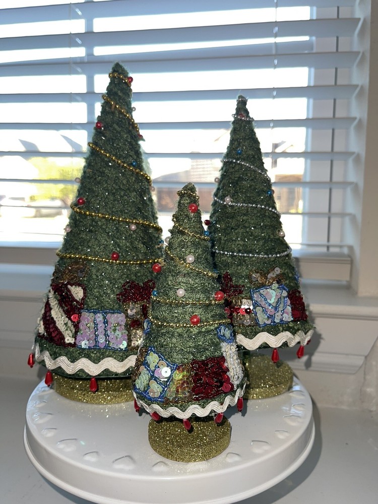 Vintage set of 3 Fabric Christmas Trees with Sequins