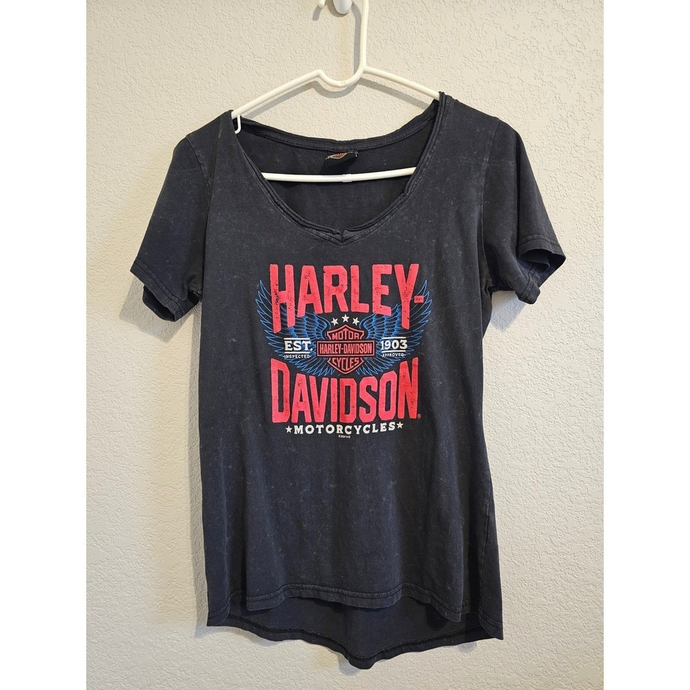 Harley Davidson Route 66 Tulsa OK Graphic V-Neck T-Shirt Black S Grunge Edgy