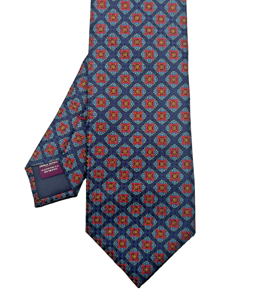 Charles Tyrwitt Mens Silk Necktie Designer Navy Blue Medallion Foulard Geometric
