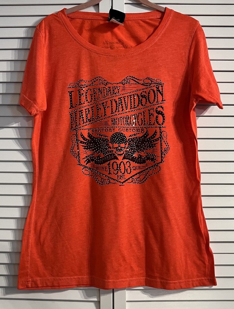 Harley Davidson Motorcycles Women's Orange T-Shirt Nashville TN Large Bedazzled