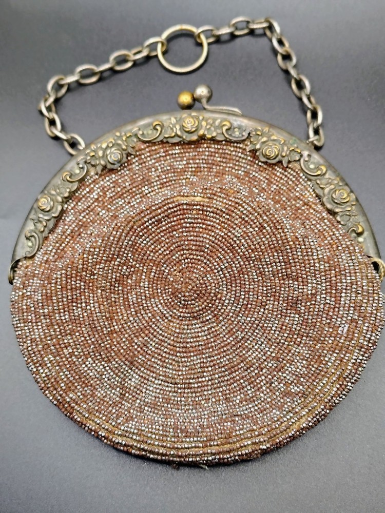 Antique Art Deco Style Metallic Beaded Wristlet Purse Clutch Bag Gold Tone Clasp