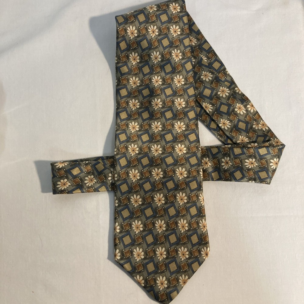 Geoffrey Beene Tie Men's 100% Silk Necktie  Beige Blue Brown Floral MADE IN USA