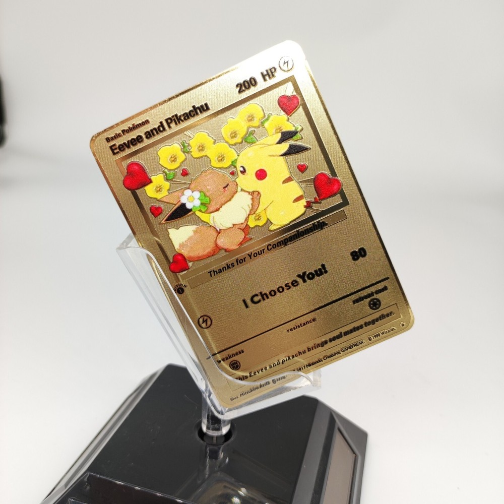 Eevee and Pikachu Love Valentines Solid Metal Golden Card I Choose You