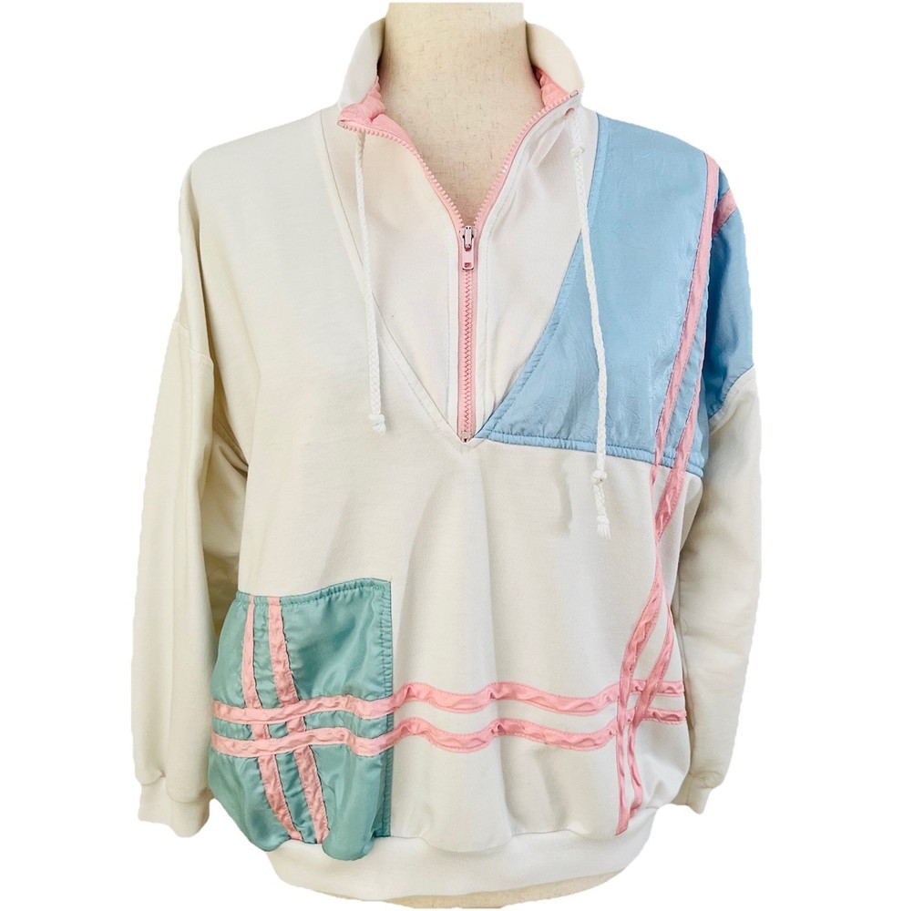 VTG 80s 90s Womens Pastel Colorblock Pullover Sweatshirt Top Sz M 1/4 Zip Sporty