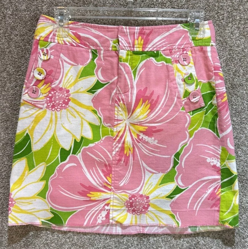 Lilly Pulitzer Womens Pink Floral Cotton Lined Button Accent Mini Skirt Size 0