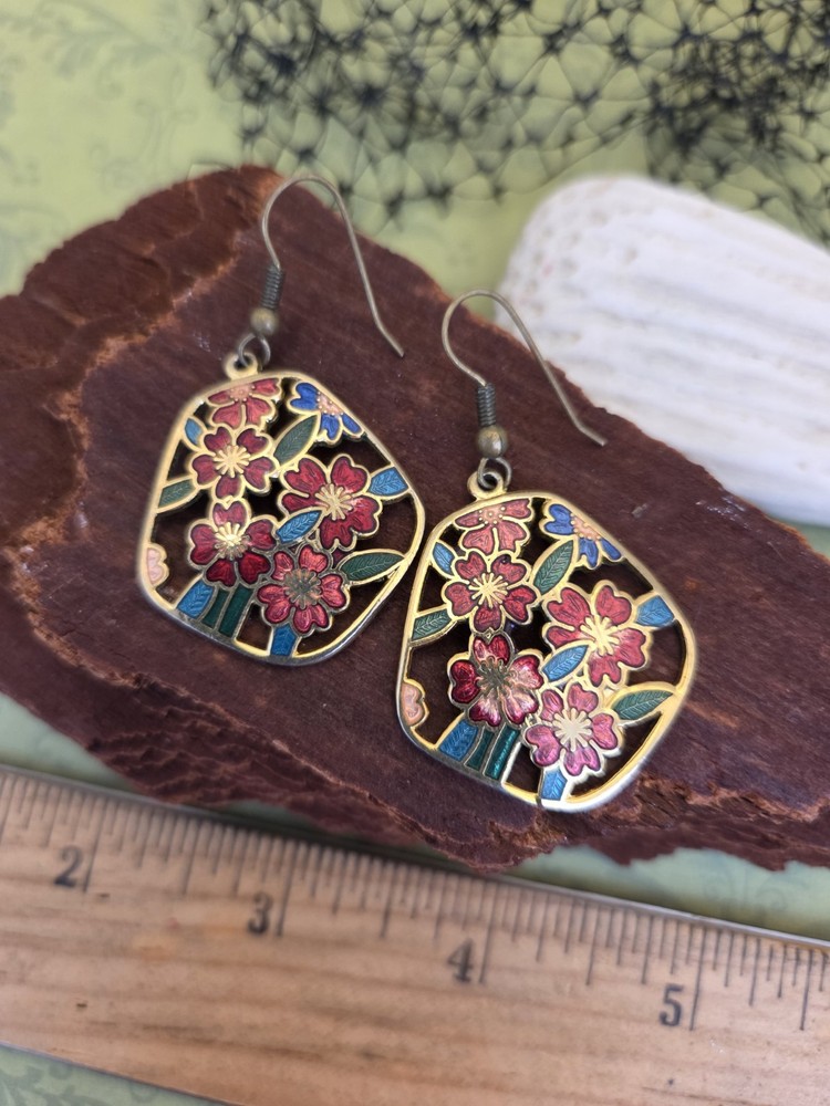 Vintage Cloisonne Earrings Red & Green Floral Wired Pierced Dangles Gold Tone