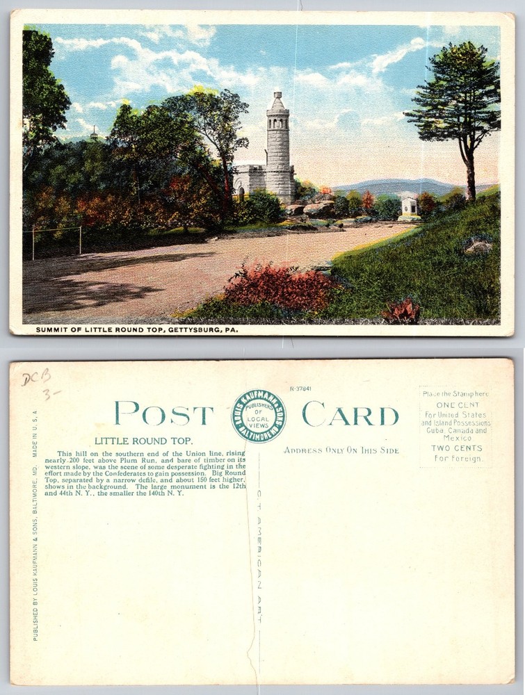 Little Round Top Gettysburg PA Kaufmann & Sons Postcard Civil War Monument