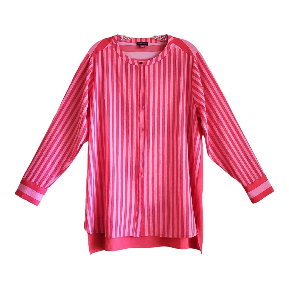 VINCE CAMUTO Women's L Tunic Top Pink Vertical Striped Button Up Long Sleeve 40