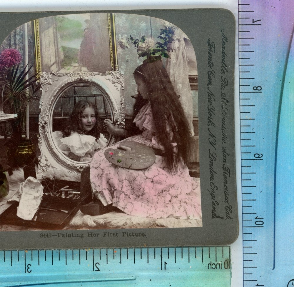 Young Girl Artist Painting First Portrait  Children Keystone Stereoview