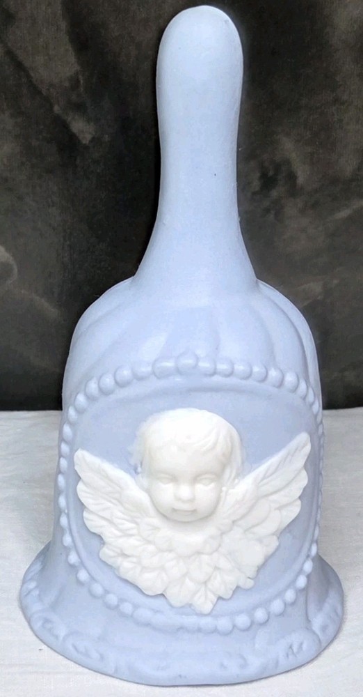 Blue Bisque Porcelain Angel Bell Vintage Cherub Relief Cottagecore Decor