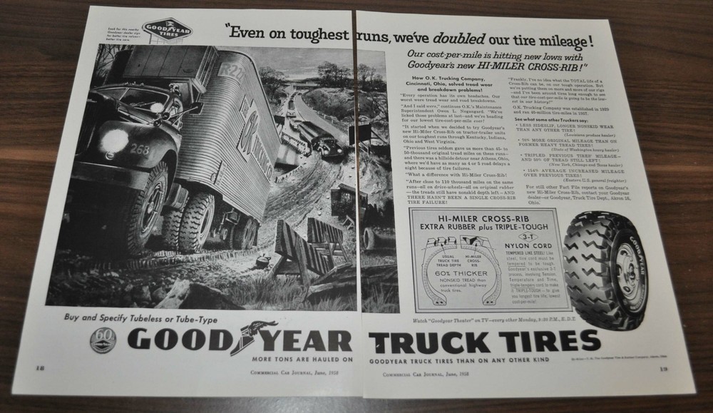 1958 OK Trucking Mack B Goodyear Tire Truck Ad Climax Molybdenum Servis Recorder
