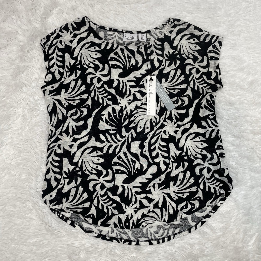 Nicole Miller 100% Linen Shirt Women’s Size L Large Black White Printed New