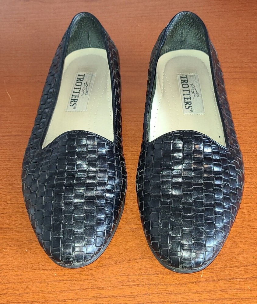 TROTTERS Shoes 9.5n Women's Black Woven Leather Basket Weave Slip On Loafers
