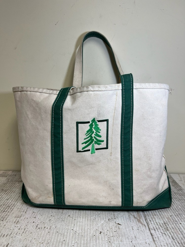 VTG 80s LL Bean Boat & Tote Bag USA Canvas Green Pine Tree Oak Large Rare