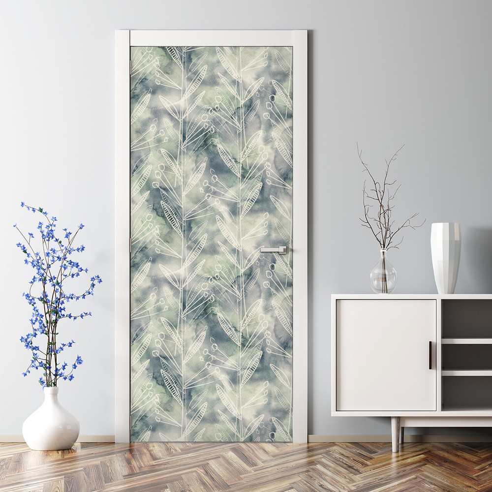 Abstract Watercolor Leaf Door Decal - Bubble-Free Plant Sticker for Home Decor