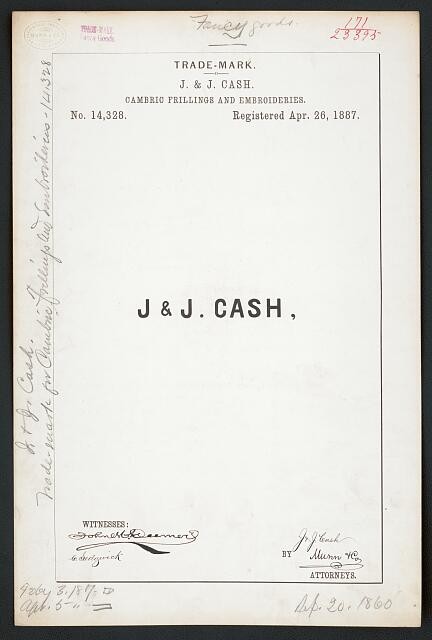 Photo:J J Cash Trademark Cambric Frillings Embroideries 1887 Registration