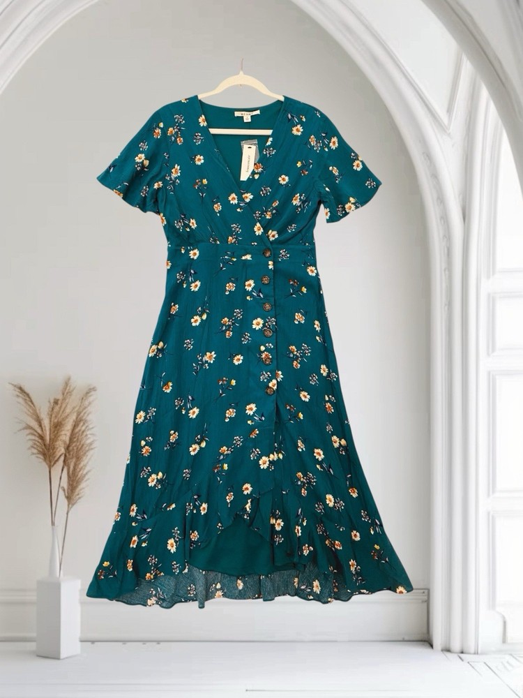 Mi Ami Floral Faux Wrap Dress Women’s Size Small Button Front Forest Green NWT
