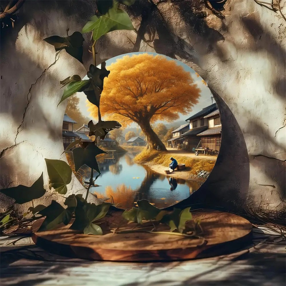 Vibrant Autumn Japanese Landscape Round Metal Wall Art Reflection