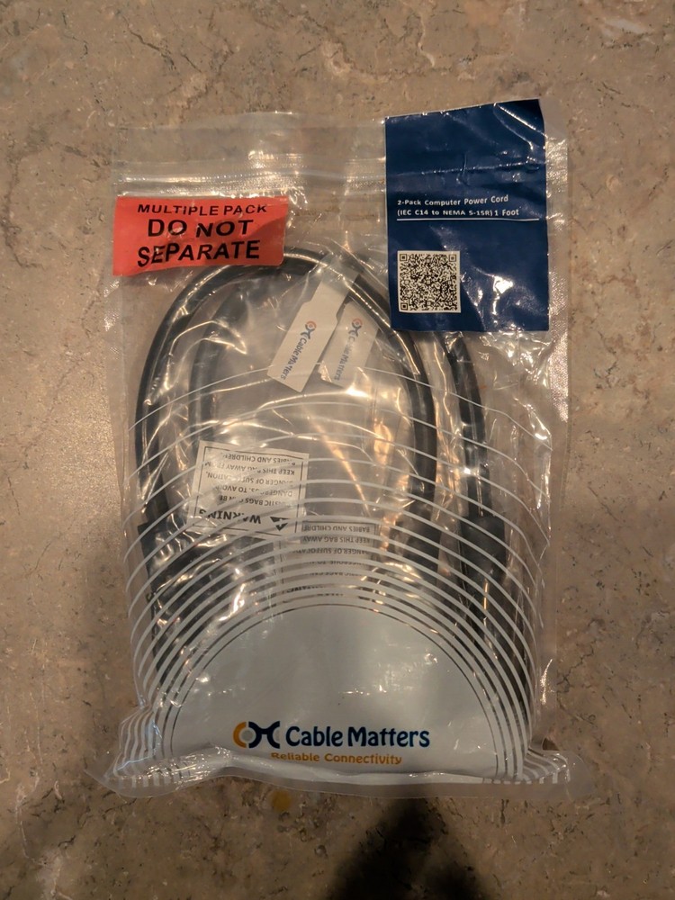 Cable Matters 2-Pack PDU Adapter AC Power Cord 1 Foot (IEC C14 to NEMA 5-15R)