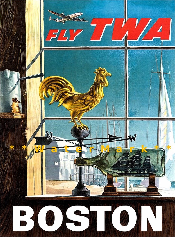 Boston Massachusetts Fly TWA Vintage Poster Print Art Airline Travel Tourism