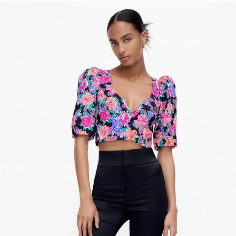 ZARA Floral Puff Sleeve Sweetheart Neck Crop Top - Size S