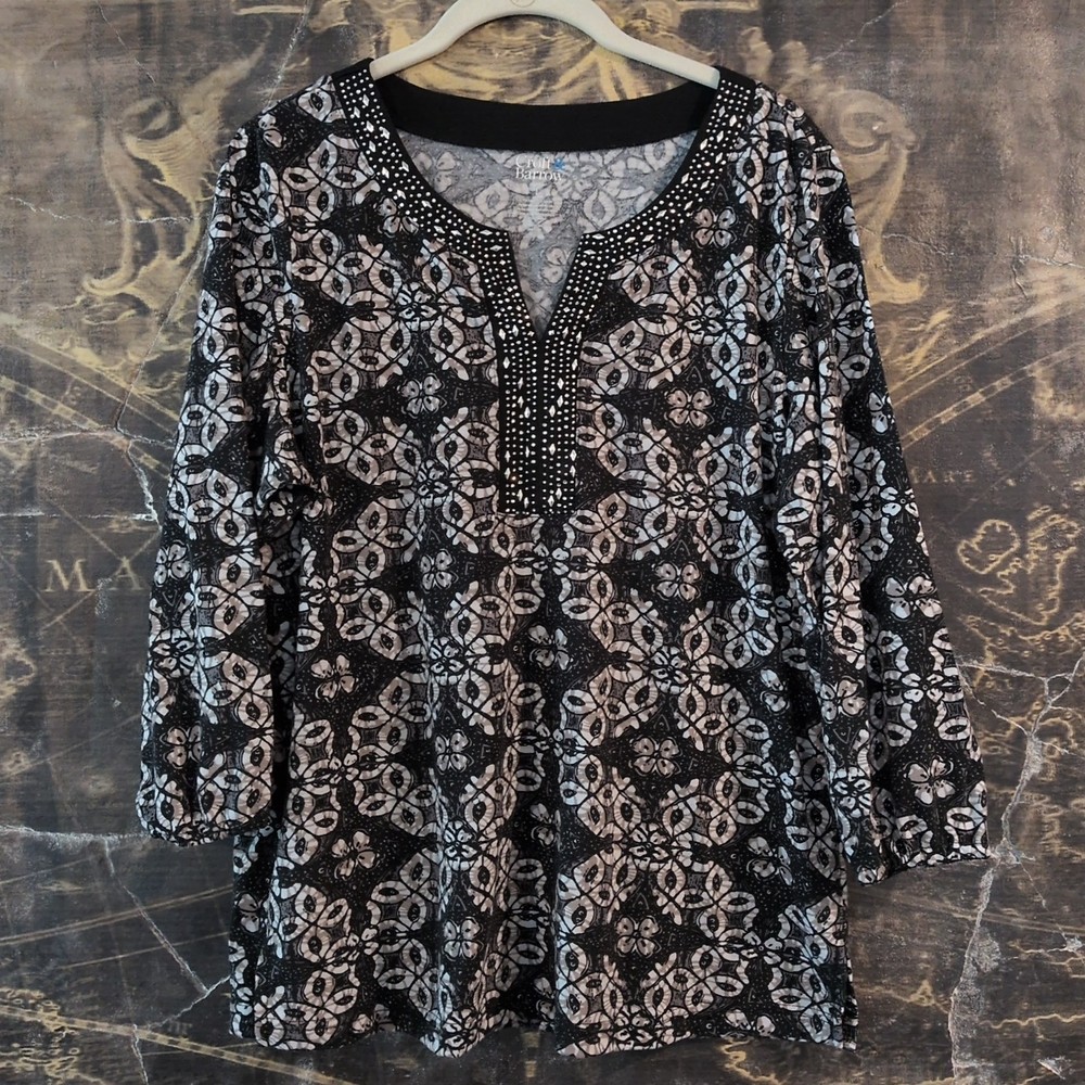 NWOT Croft barrow 3/4 Sleeve Top Large Rhinestone And Floral