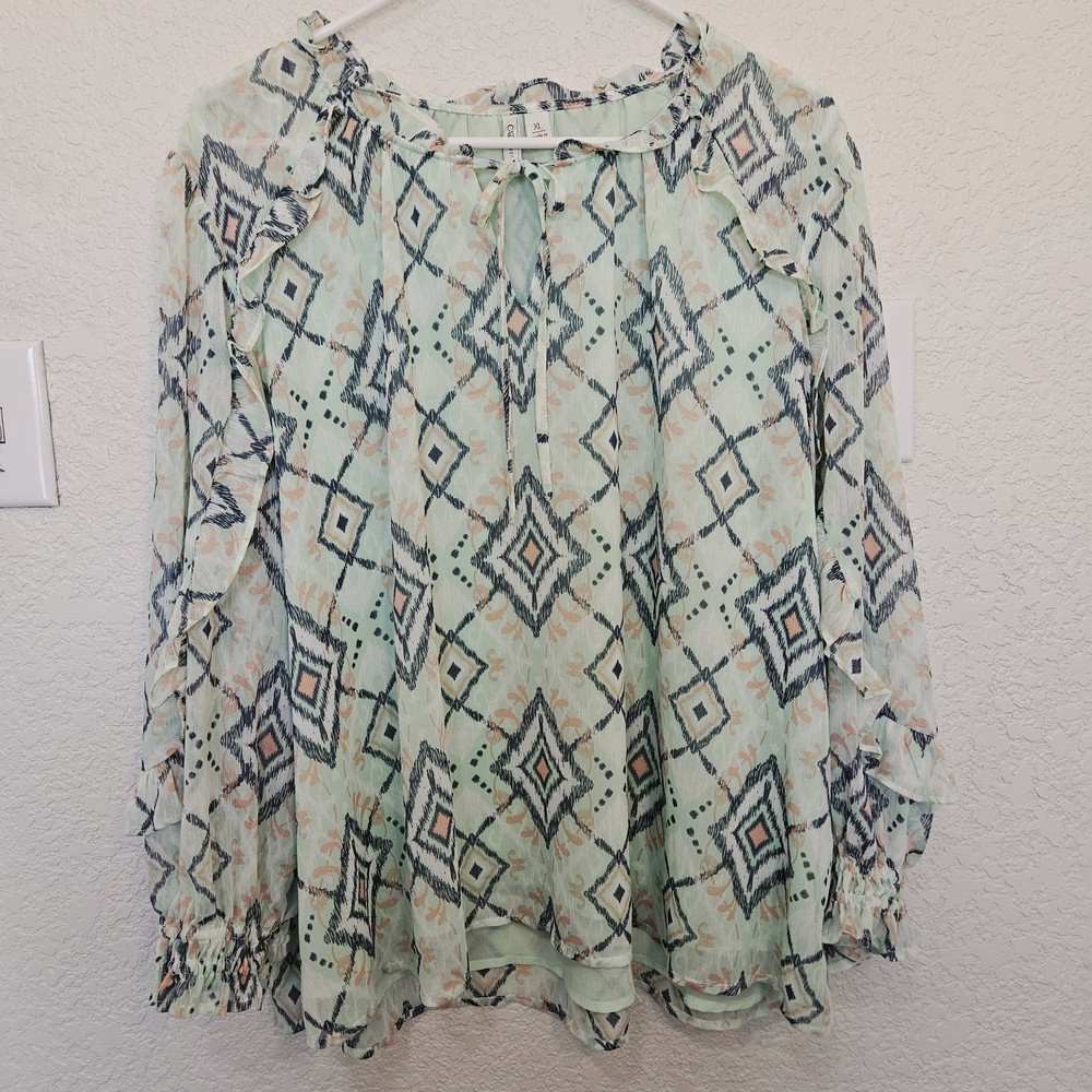 Women's XL Peasant Blouse Tie Neck Long Sleeves Ruffled Boho Chic Diamond Motif