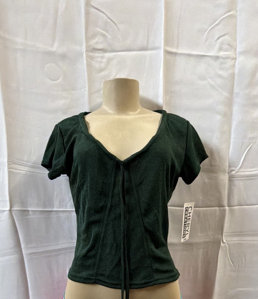Cheryl Creations Green Knit Nylon Lycra Ruched V-Neck Short Sleeve Top L
