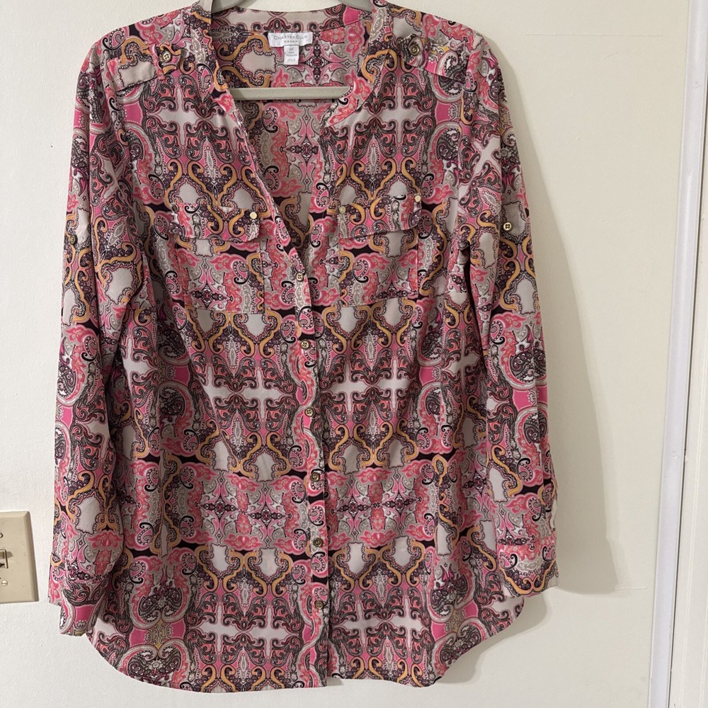 Charter Club Long Sleeve Button Up Shirt Pink Multicolor Women's Size 0X