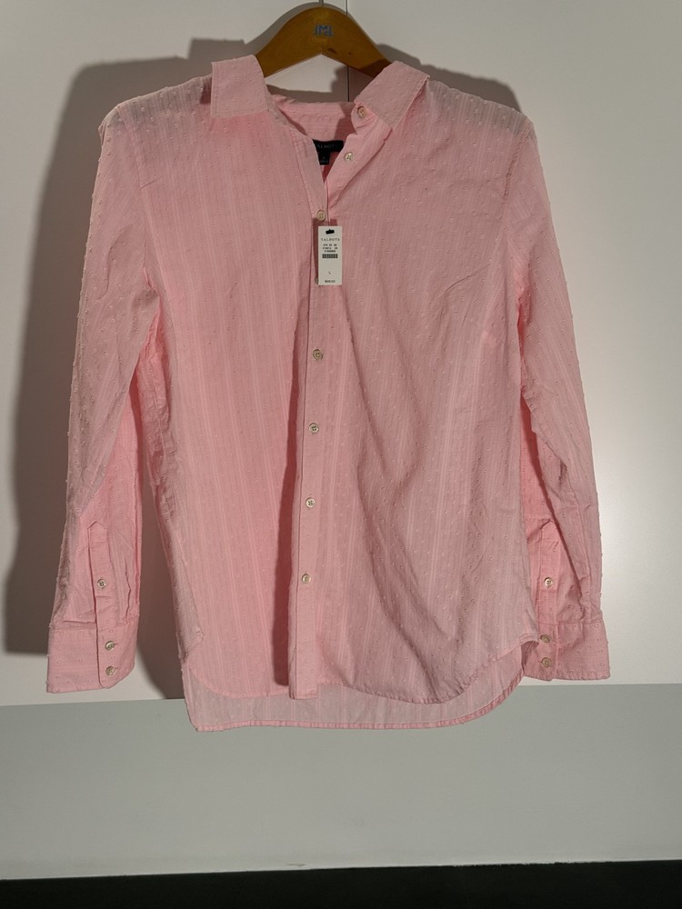 NWT Talbots Women's L Pink Cotton Clip Dot Stripe Band Collar Button Shirt Top