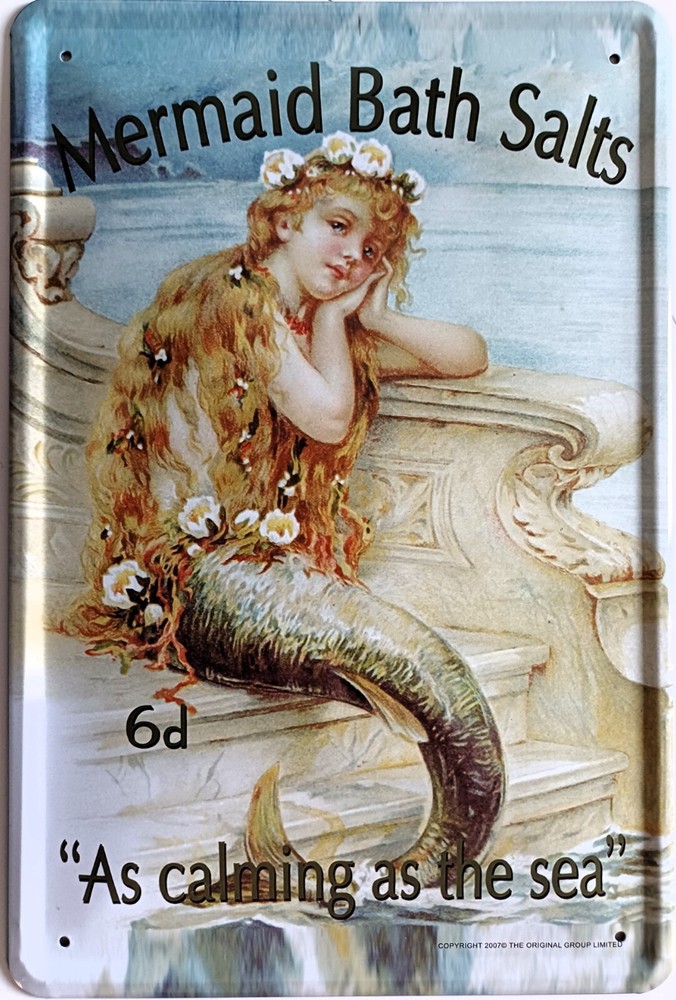 Vintage Metal Mermaid Bath Salts Plaque 30cm x 20cm Retro Decor