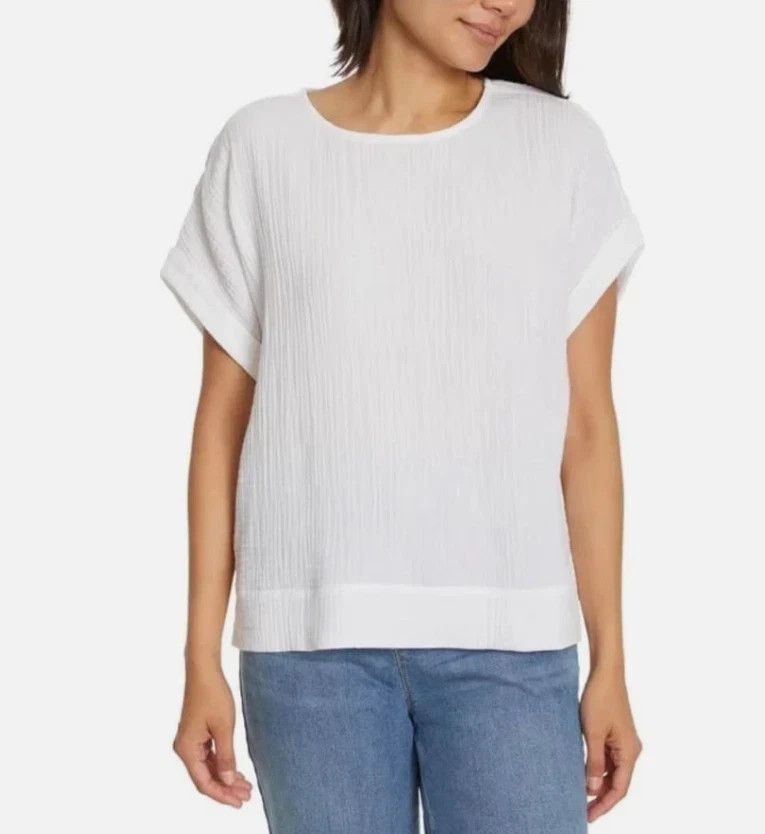Gloria Vanderbilt Women's Short Sleeve Cotton Gauze Pullover, White, XL, New