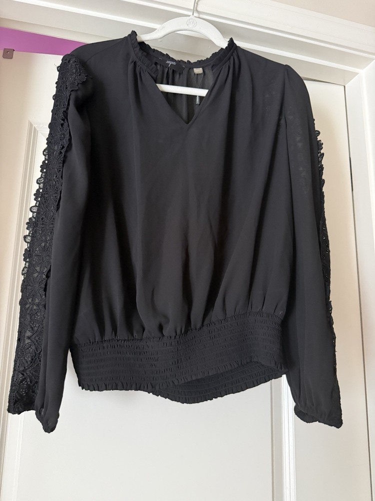 NWT Tahari Black Lace Sleeve Smocked Blouse Top Medium