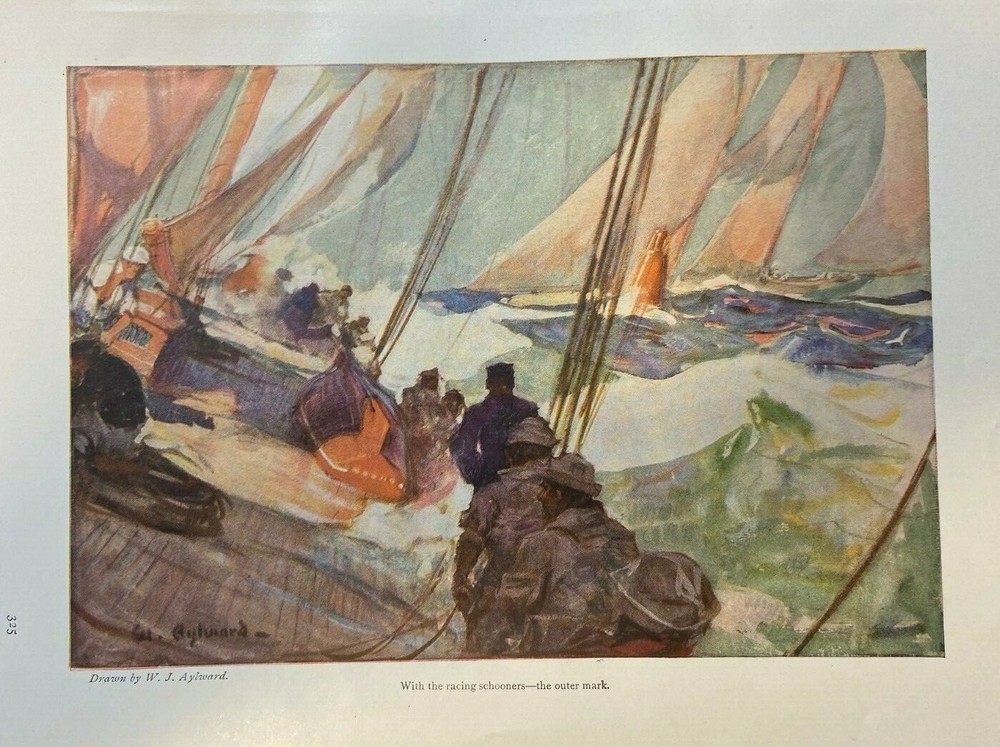 1914 Vintage Magazine Illustration Racing Schooners Outer Mark by W. J. Aylward