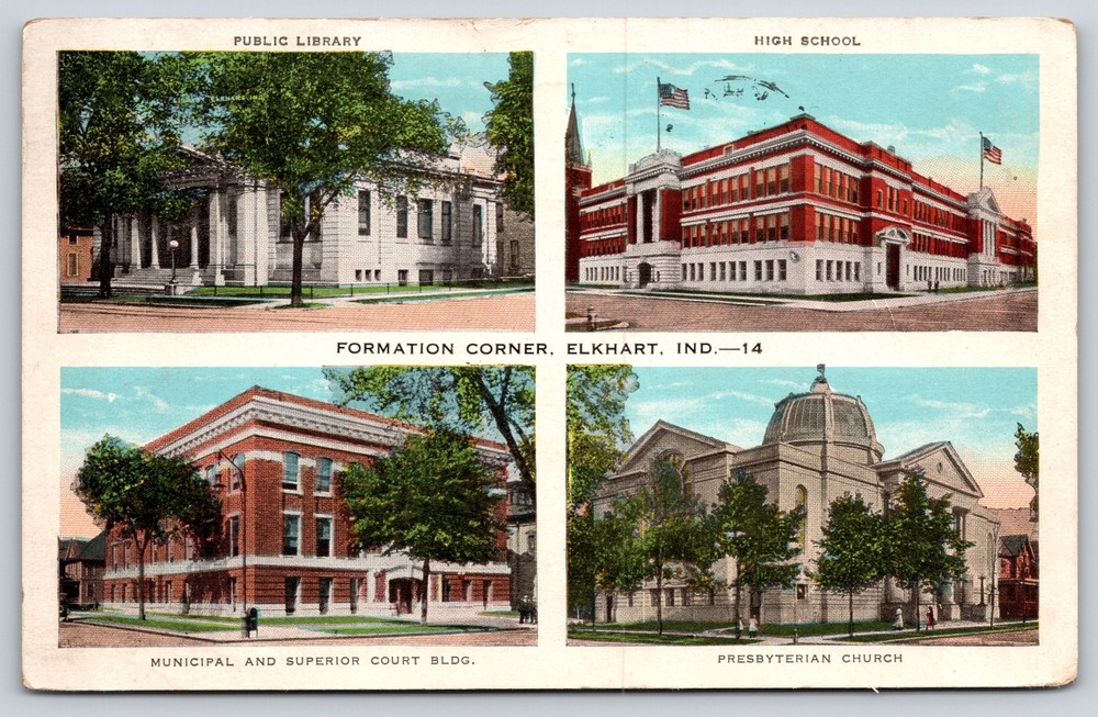 Elkhart IN~Library Courthouse Presbyterian Church & High School~Vintage Postcard