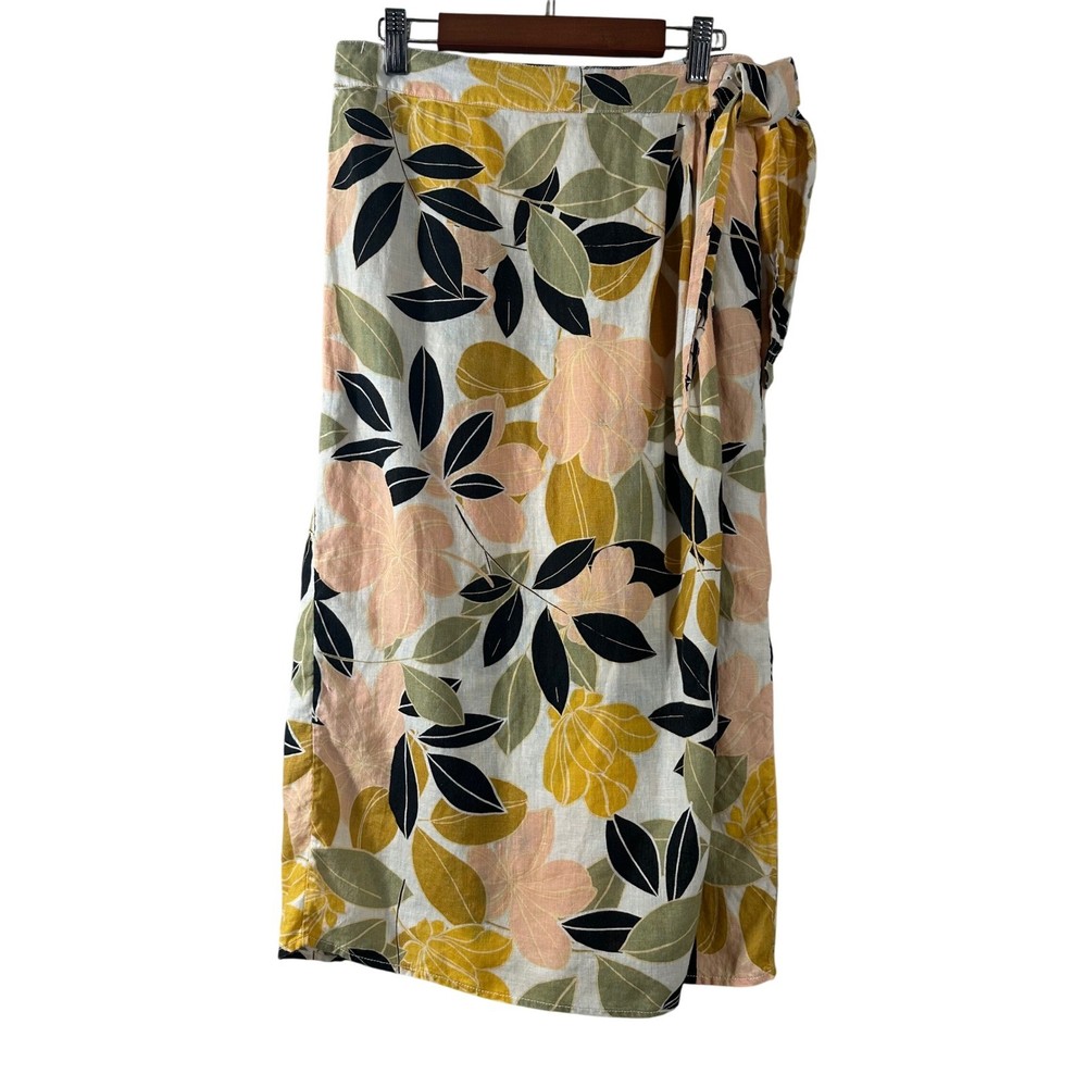 Rachel Zoe Women's Skirt Yellow Tropical Floral 100% Linen Wrap Midi Size S