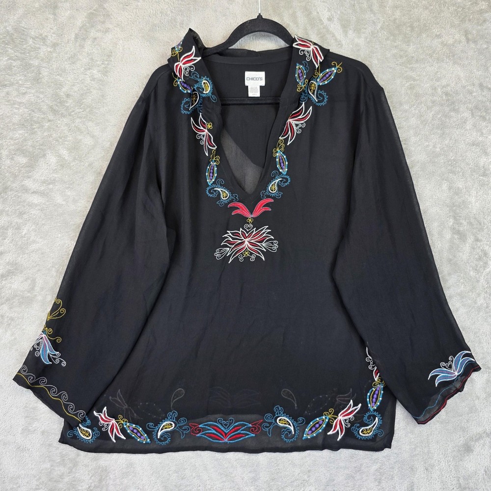 Chico's Blouse Womens XL Black Silk V Neck Long Sleeve Embroidered Hooded Tunic