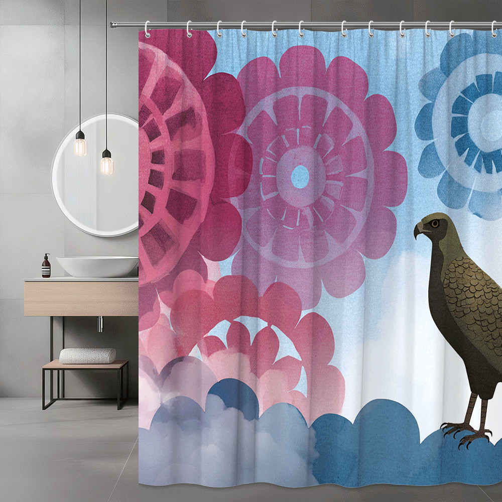 Bird and Floral Print Shower Curtain Blue Pink Graphic
