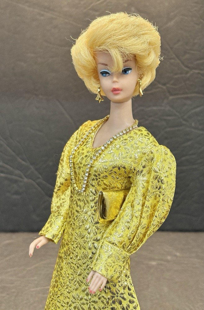 Vintage Barbie Clone Shillman Style Long Mod Gold Metallic Brocade Dress