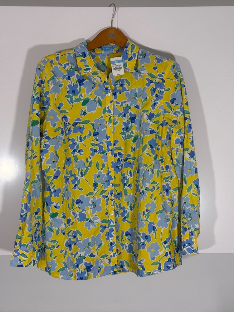 NWT J.McLaughlin Lois Blouse XL Yellow Blue Garden Variety Floral Orig $178