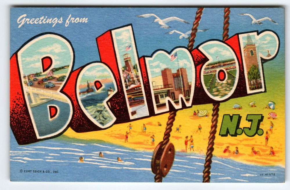 Greetings From Belmar New Jersey Linen Large Letter Postcard Beach Curt Teich NJ
