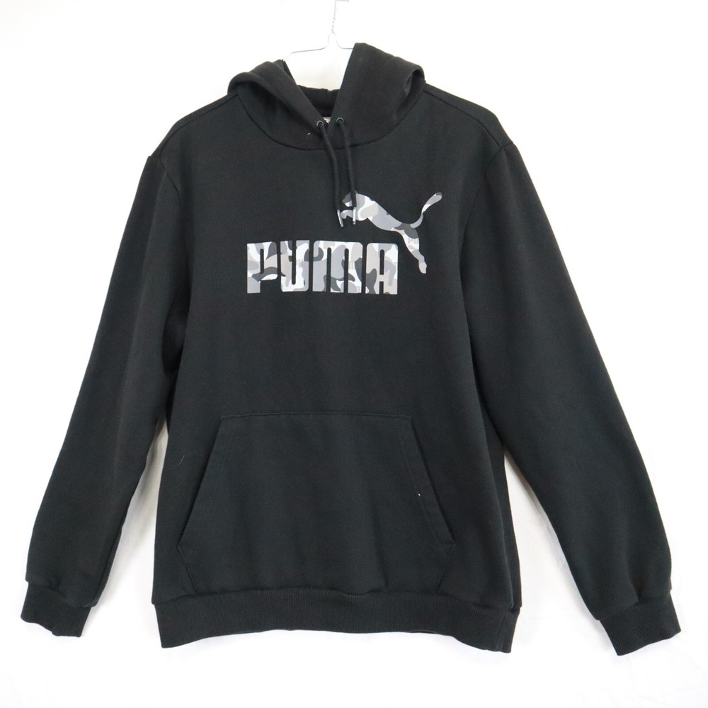 Puma Hoodie Mens Medium Activewear Pullover Fleece Sweatshirt Camo Logo Black