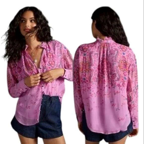 PILCRO Tavi Button Down Top Womens XL Pink Boho Bohemian Hippie Floral Casual